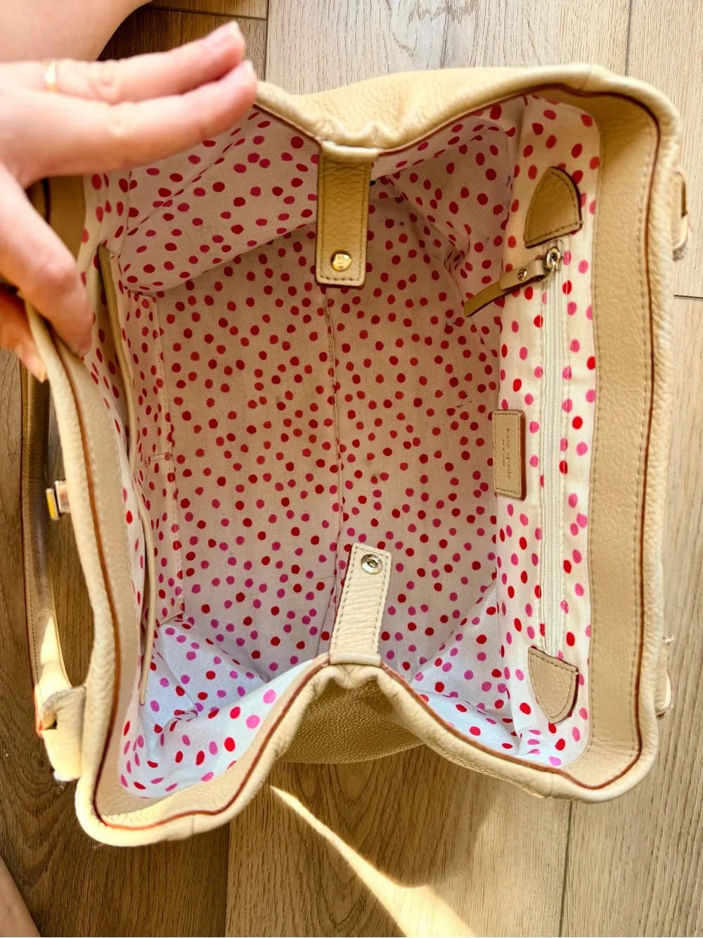 Y2K Kate Spade Large Dome Satchel Ivory Leather with Polka-dot interior